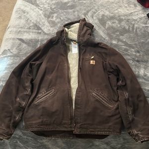 Dark Brown Carhartt Hooded Jacket XL, Light Grey/Brown Sherpa Lining